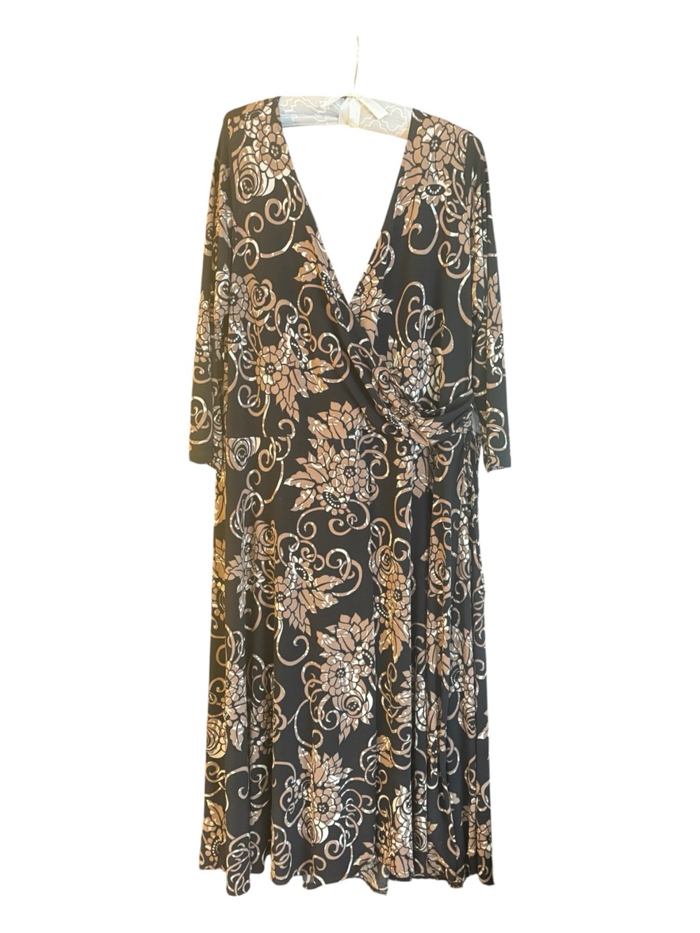 dressbarn Black Midi Wrap Dress with Tan Floral Print Size 18W